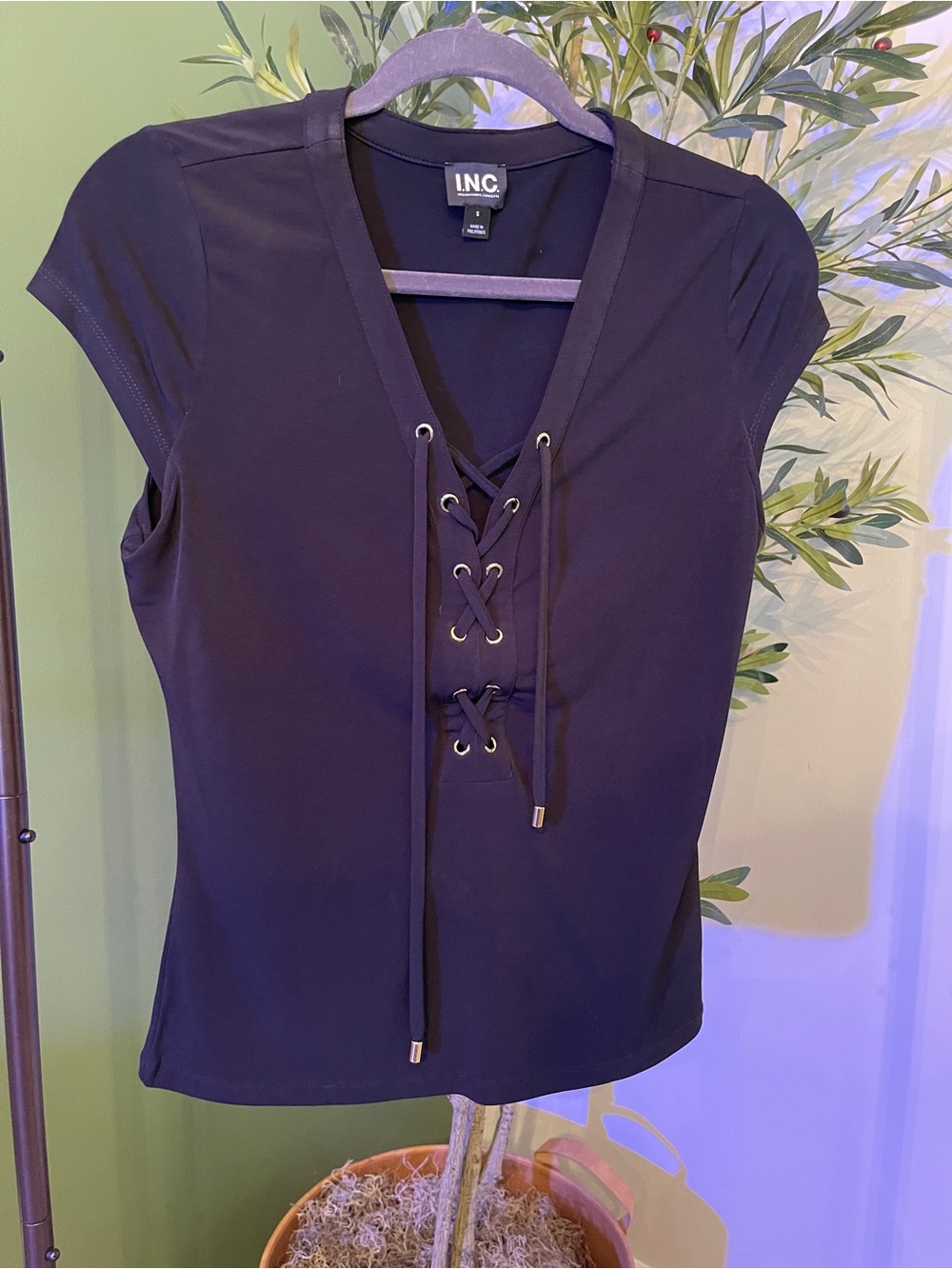 INC International Concepts Black Lace-Up V-Neck Short Sleeve Top